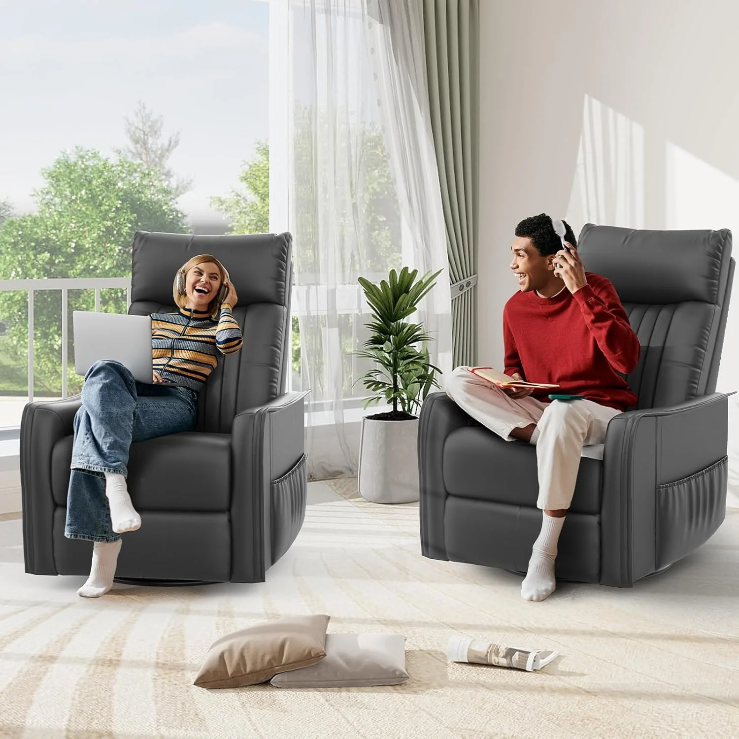 TV armchair with lounge chair, massage chair, relaxation chair with heating and massage, 360° rotating TV armchair, living room, swing chair with soft cushion headrest, 2 side pockets