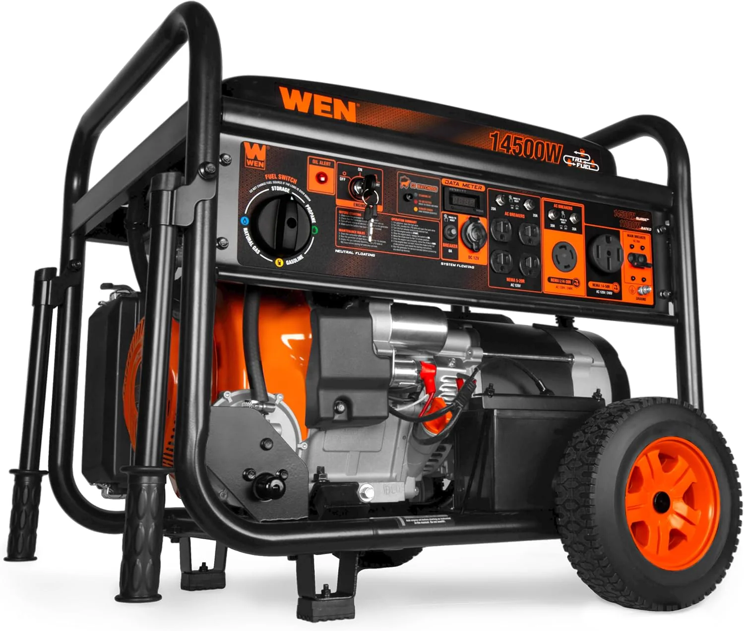 WEN 14,500-Watt 120V/240V Tri-Fuel Generator for Gas, Propane, and Natural Gas, Transfer-Switch Ready with Electric Start, Wheel Kit, and CO Watchdog (TF1450X)