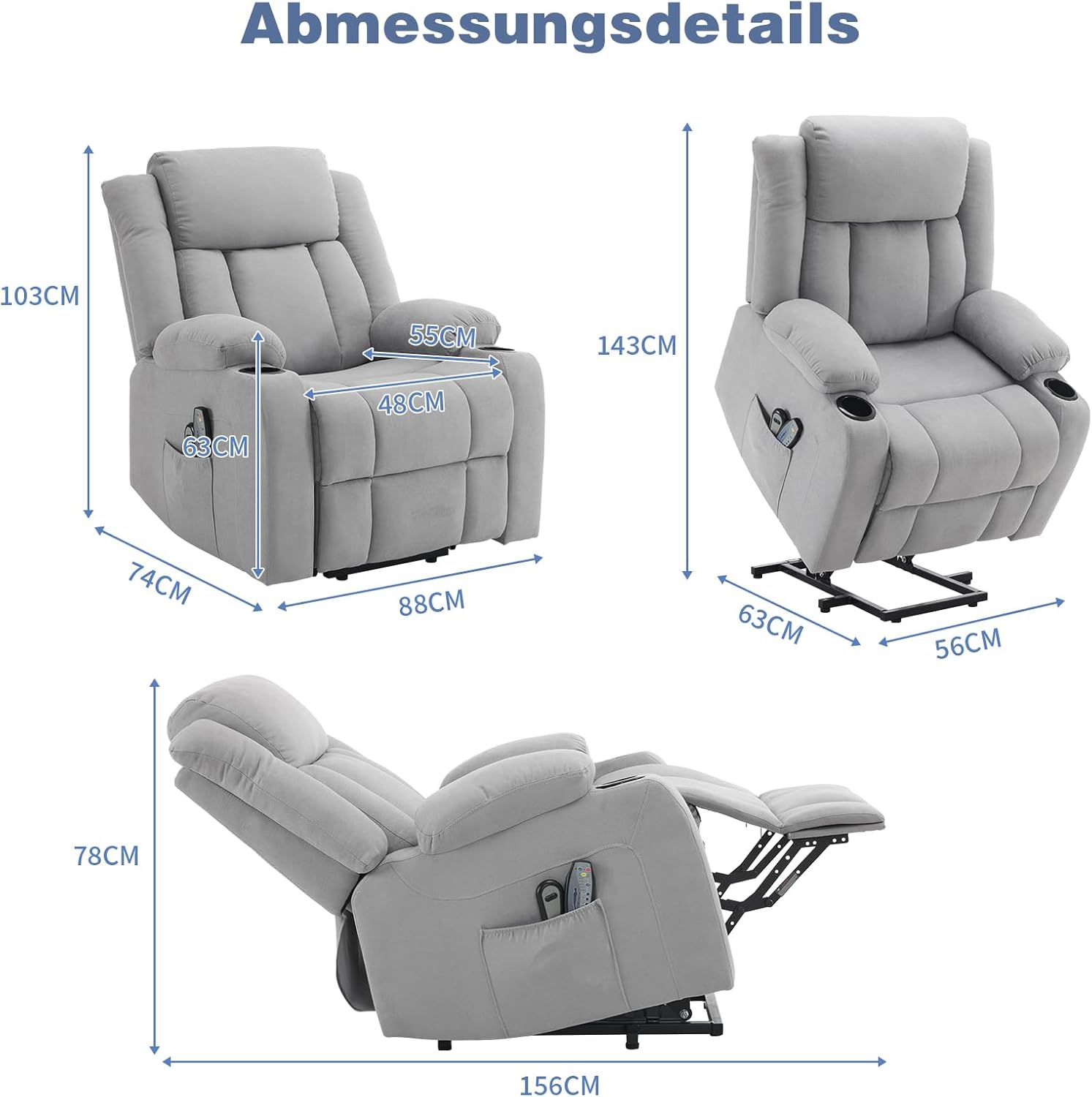 TV armchair with elevator relaxation armchair, electric massage chair with lounge chair function, lift assist, massage heating, 2 side bag drink rack, lounge chair TV armchair