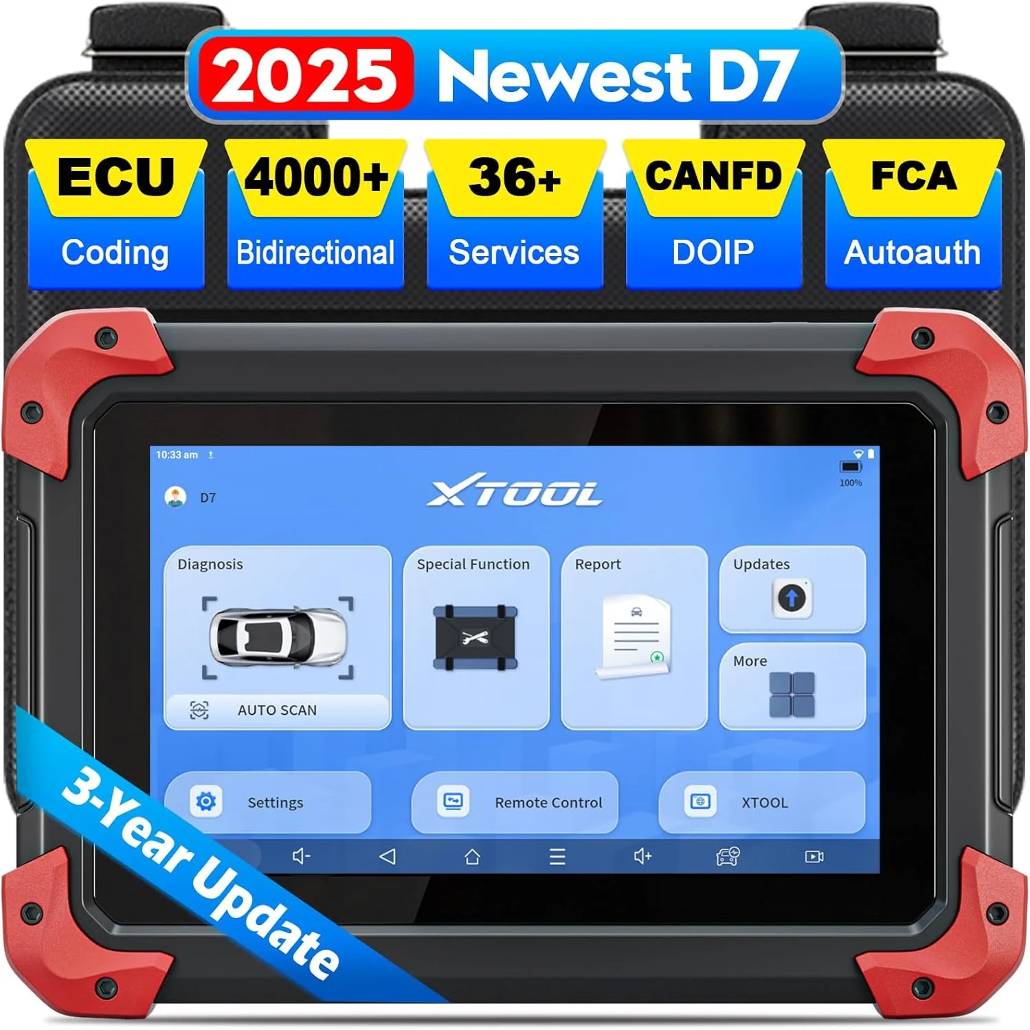 XTOOL D7 OBD2 Scanner Bidirectional Scan Tool, 2025 Scanner for Car, FCA Autoauth, CANFD/DoIP, 36+ Resets, Active Tests, All System Diagnosis, Crank Sensor Relearn, ECU C0ding, 3 Years Updates