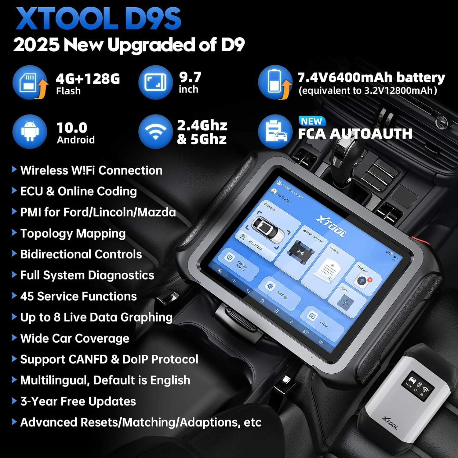 XTOOL D9S Automotive Diagnostic Tool, Wireless OBD2 Scanner with ECU C0ding, Topology, Bidirectional Scan Tool 2.0 with FCA, 45+ Resets, Full System, PMI, CAN FD/DoIP, 3-Yr Update