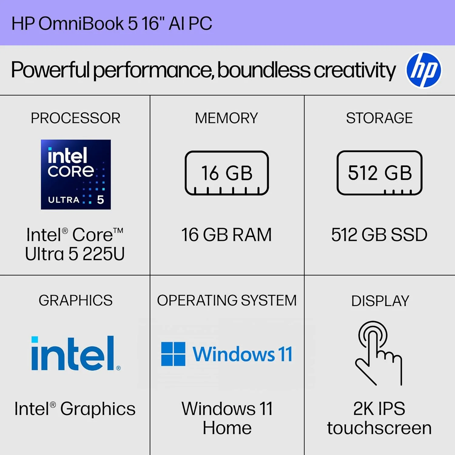 HP OmniBook 5 16 inch AI PC, 2K Touchscreen Display, Intel Core Ultra 5 225U, 16 GB RAM, 512 GB SSD, Intel Graphics, Windows 11 Home, Glacier Silver, 16-af1700nr