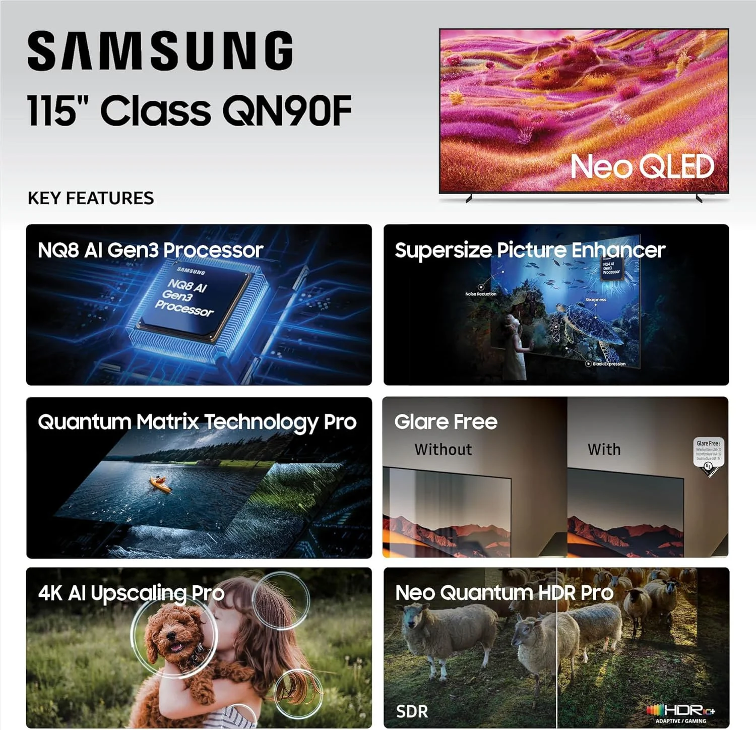 SAMSUNG 115-Inch Class Neo QLED 4K QN90F Series, Vision AI, Mini LED Smart TV (2025 Model, 115QN90F) Neo Quantum HDR+, Object Tracking Sound+ w/Dolby Atmos, Glare Free, Gaming Hub, Alexa Built-in