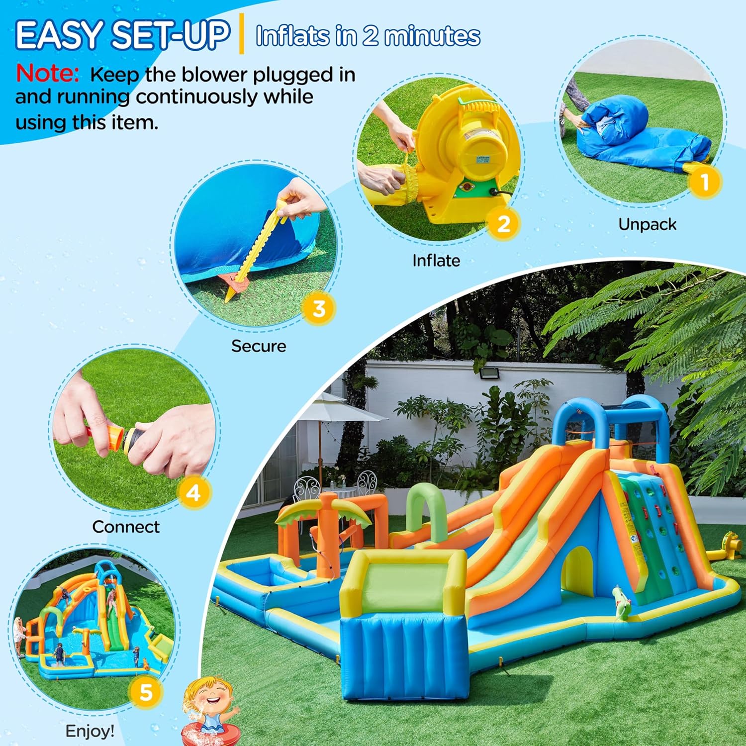 Yaheetech Inflatable Water Slide w/ 2 Long Slides & Large Climbing Wall & Small Deeper Pool & Awning, 11-in-1 Outdoor Blow Up Water Slide w/Storage Bag & 950W Blower
