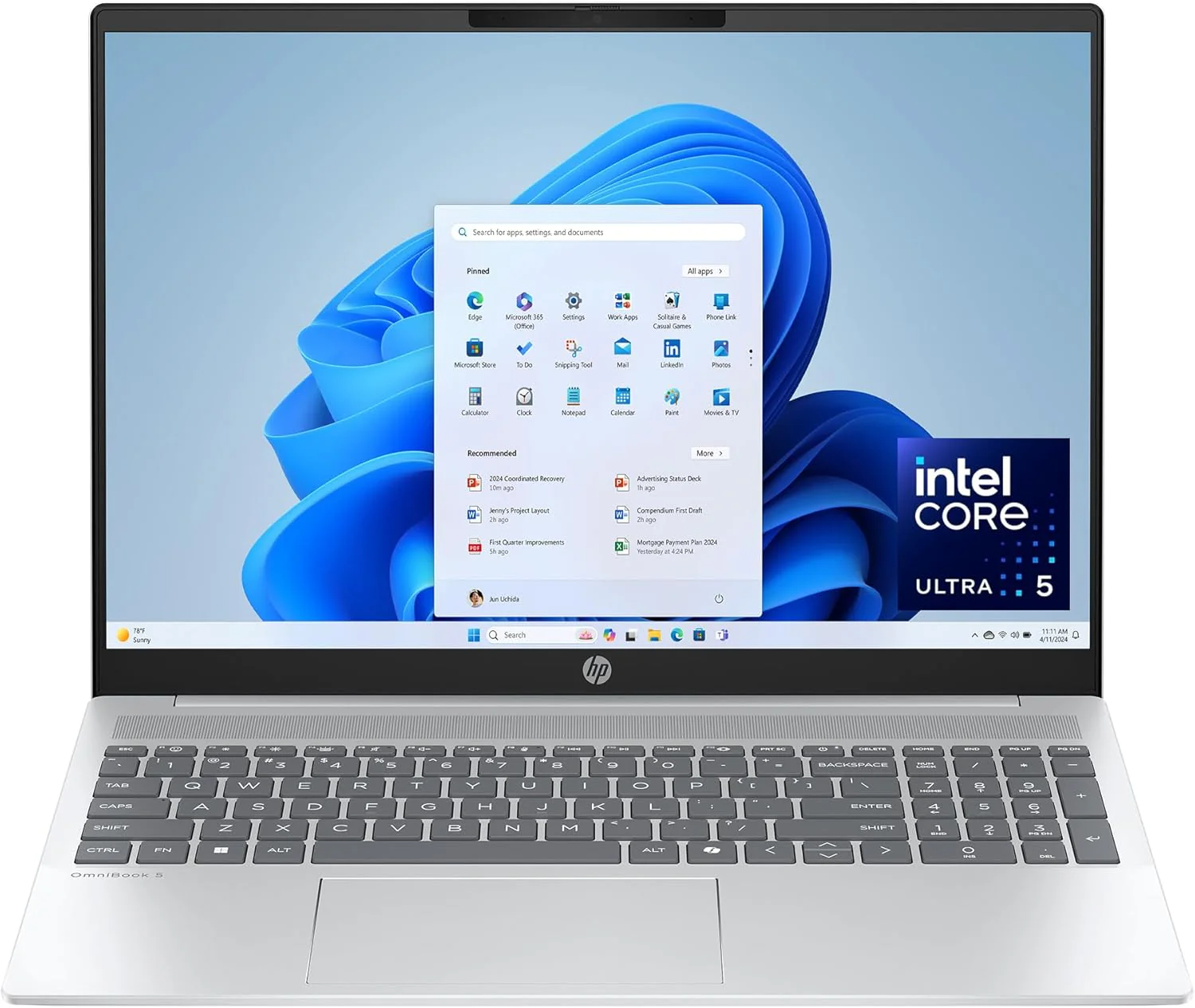 HP OmniBook 5 16 inch AI PC, 2K Touchscreen Display, Intel Core Ultra 5 225U, 16 GB RAM, 512 GB SSD, Intel Graphics, Windows 11 Home, Glacier Silver, 16-af1700nr