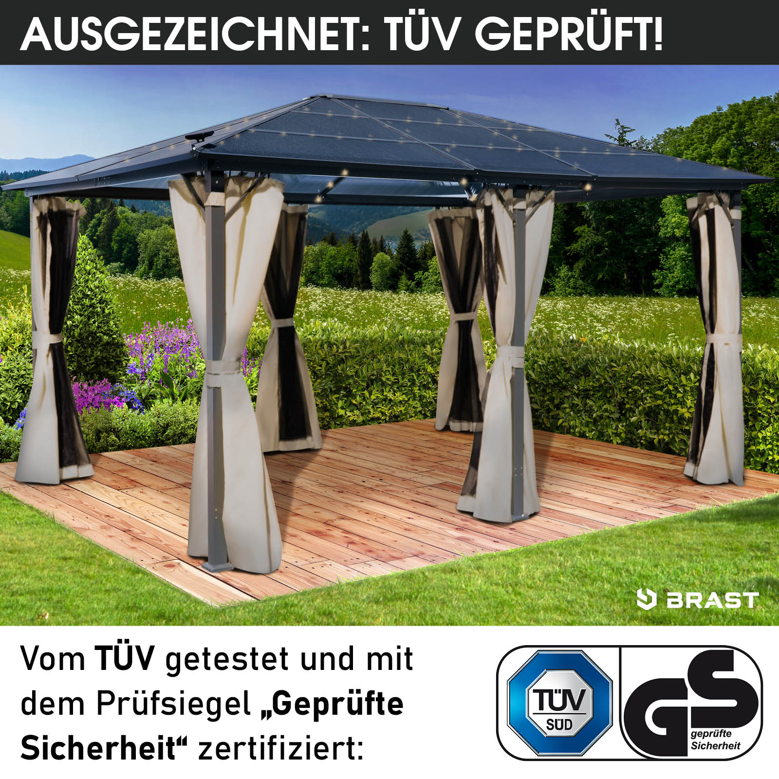 BRAST Alu-Pavillon PREMIUM 3,6x4,8m beige inkl. LEDs