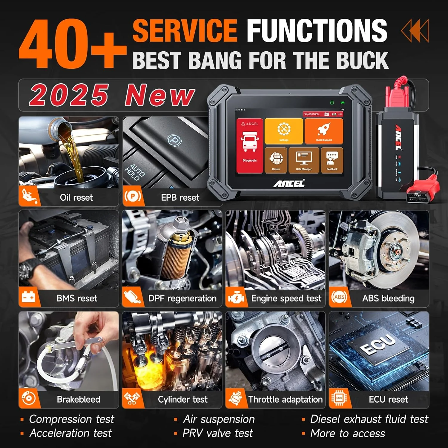 ANCEL V6HD Heavy Duty Truck Scanner, 2024 Diesel Diagnostic Scan Tool with Wide U.S Diesel Truck Compatibility, 40+ Resets, ECU Coding, Free Update, DPF Regen for Cummins, Caterpillar, Paccar, Detroit