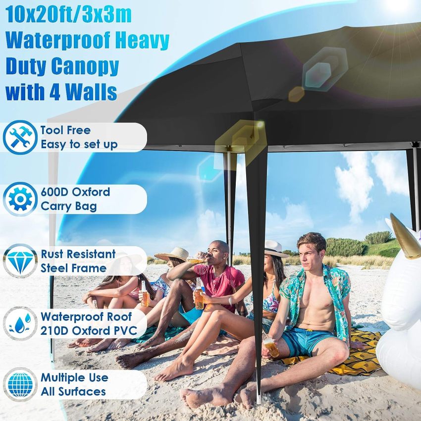 TOOLUCK Folding Gazebo Waterproof Stable Popup Foldable Gazebo Anti-UV Garden Gazebo with 6 Side Panels