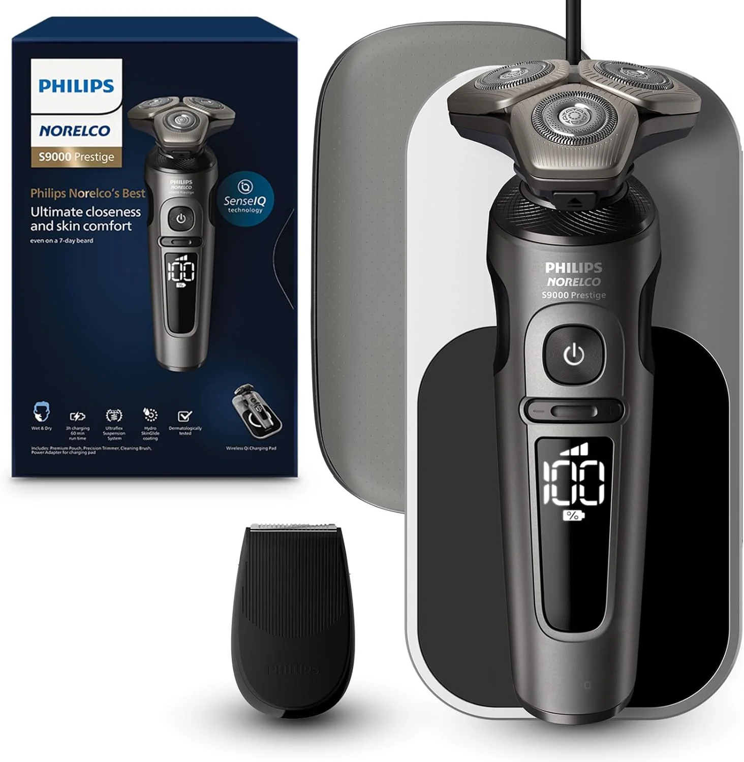 Philips Norelco S9000 Prestige Electric Shaver with Qi-Charger, Precision Trimmer and Premium Case, SP9872/86