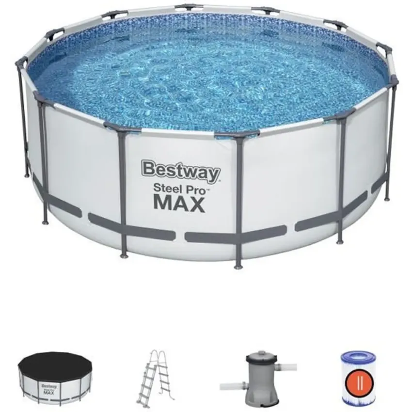 Kit Piscine hors sol tubulaire BESTWAY Steel Pro Max - 366 x 122 cm - Ronde (Livrée avec un filtre à cartouche, échelle, bâche)