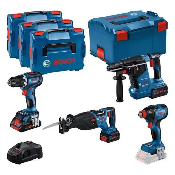 BOSCH COMBI-KIT 4 18V TOOLS: GSR 18V-90C + GDX 18V-210C + GBH 18V-24C + GSA 18V-28 + 1 4.0 AH BATTERY (PROCORE) + 2 5.5 AH BATTERIES (PROCORE) + GAL 1880CV ( L)PROFESSIONAL
