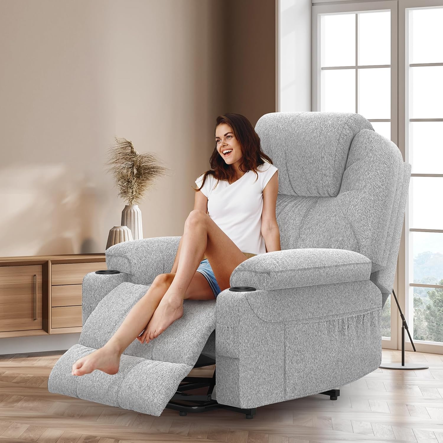 Senior relaxation chair, power lounge chair with massage and warmth, extended footstool, C + USB interface, 2 beverage racks, 2 side bags, lounge chair, lounge sofa