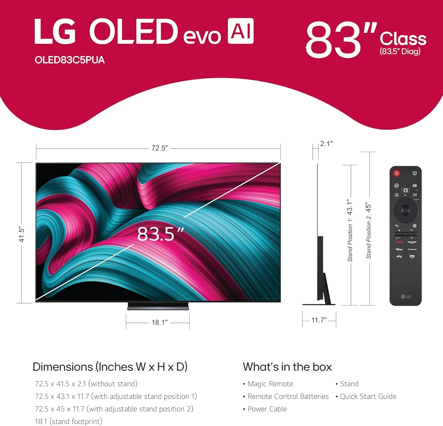 LG 83-Inch Class OLED evo AI 4K C5 Series Smart TV w/Dolby Atmos, Dolby Vision, HDR10, AI Super Upscaling 4K, Filmmaker Mode, Wow Orchestra, Alexa Built-in (OLED83C5PUA, 2025)