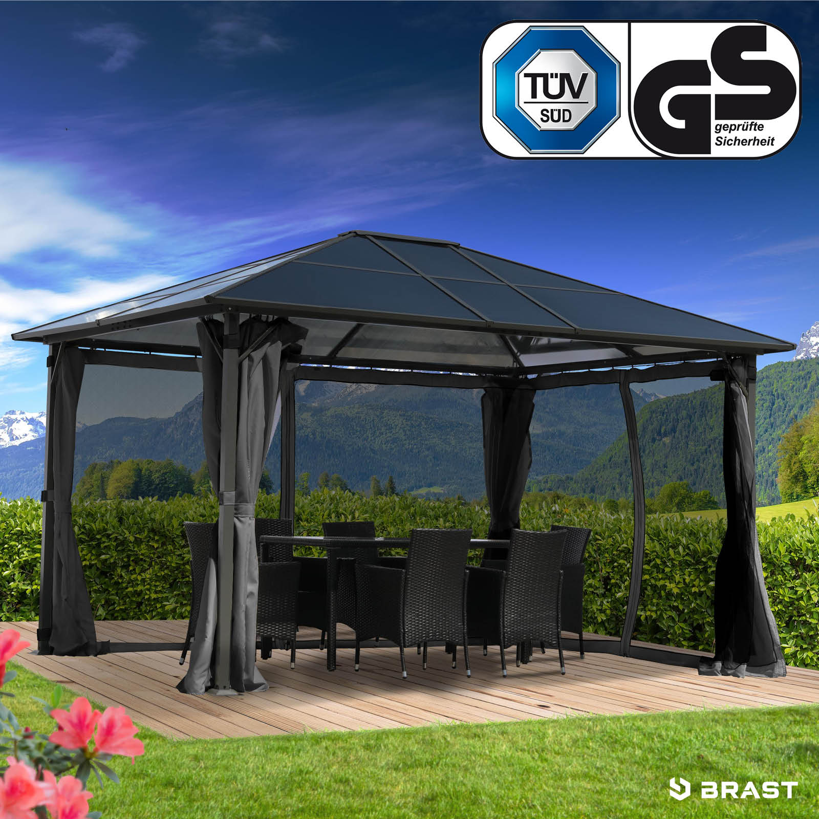 BRAST Alu Pavillon PREMIUM mit festem Dach 3x4m grau