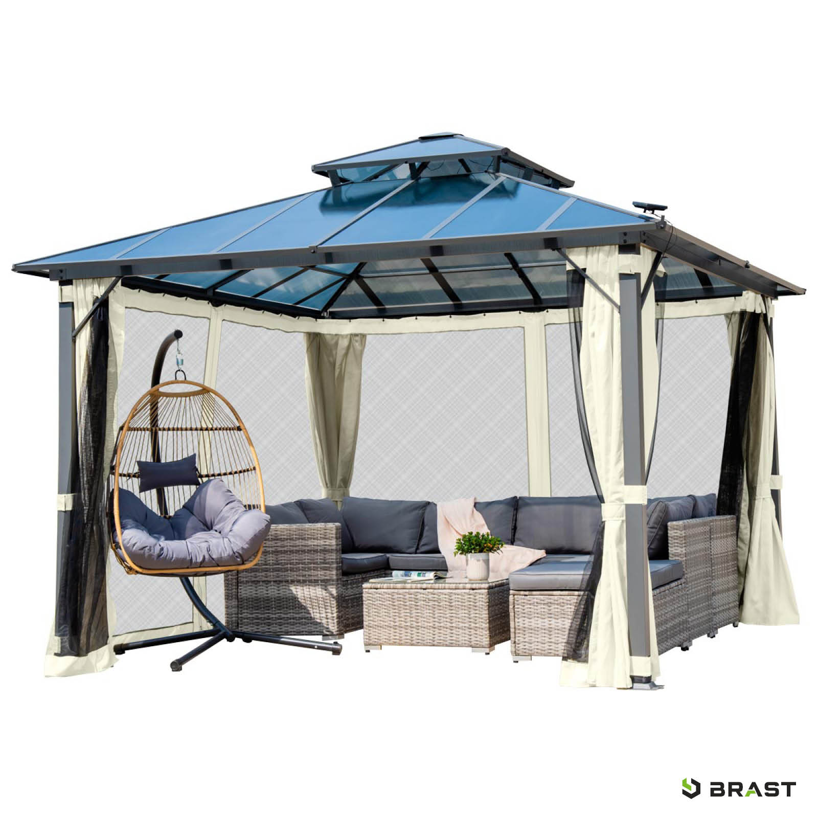 BRAST Alu Pavillon PAGODE 3,5x3,5m beige mit Moskitonetz & LED-Beleuchtung