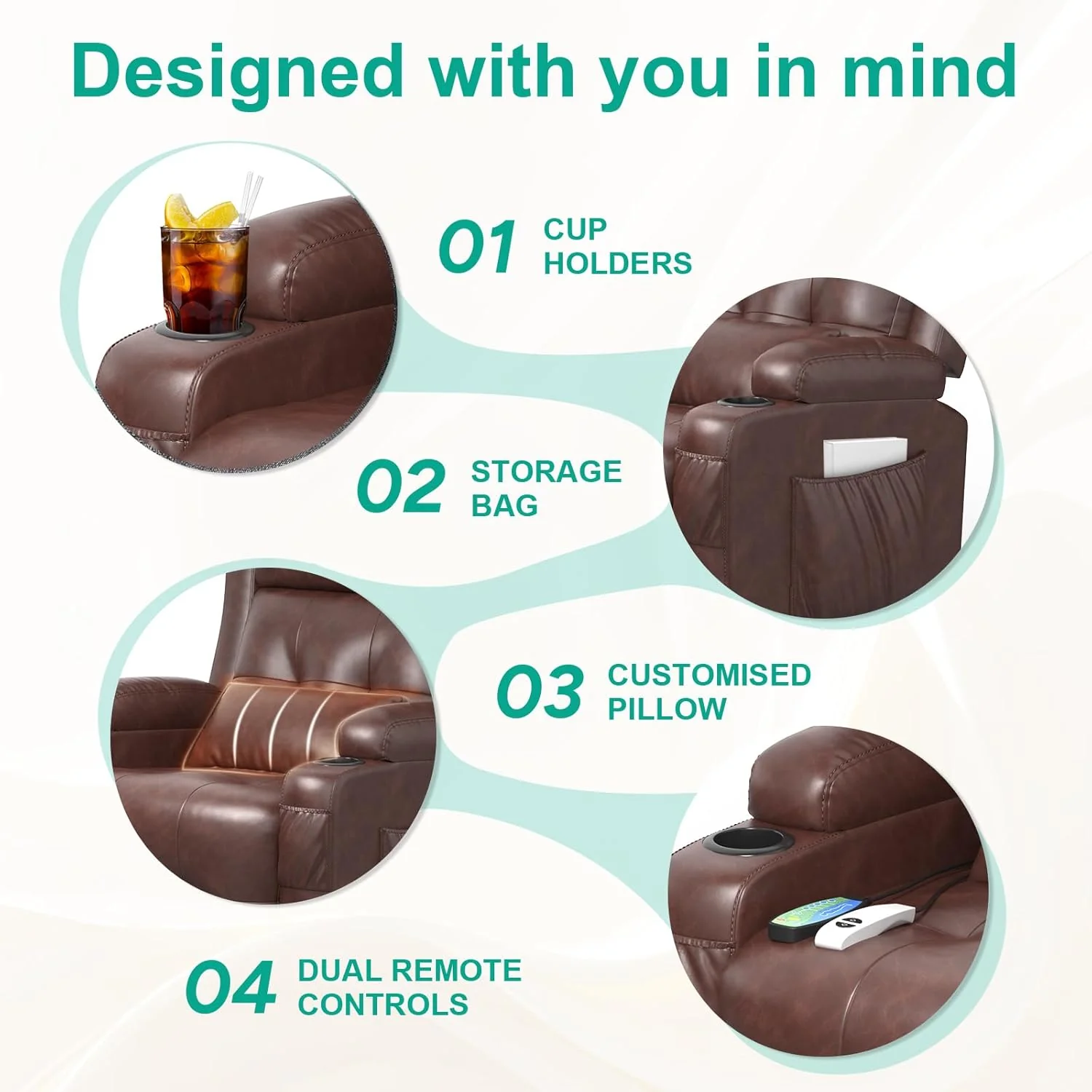 Relaxation chair, TV chair, electrically adjustable massage chair with heating function, footstool, 2 side bag drink racks, C-shaped and USB ports, living room TV chair