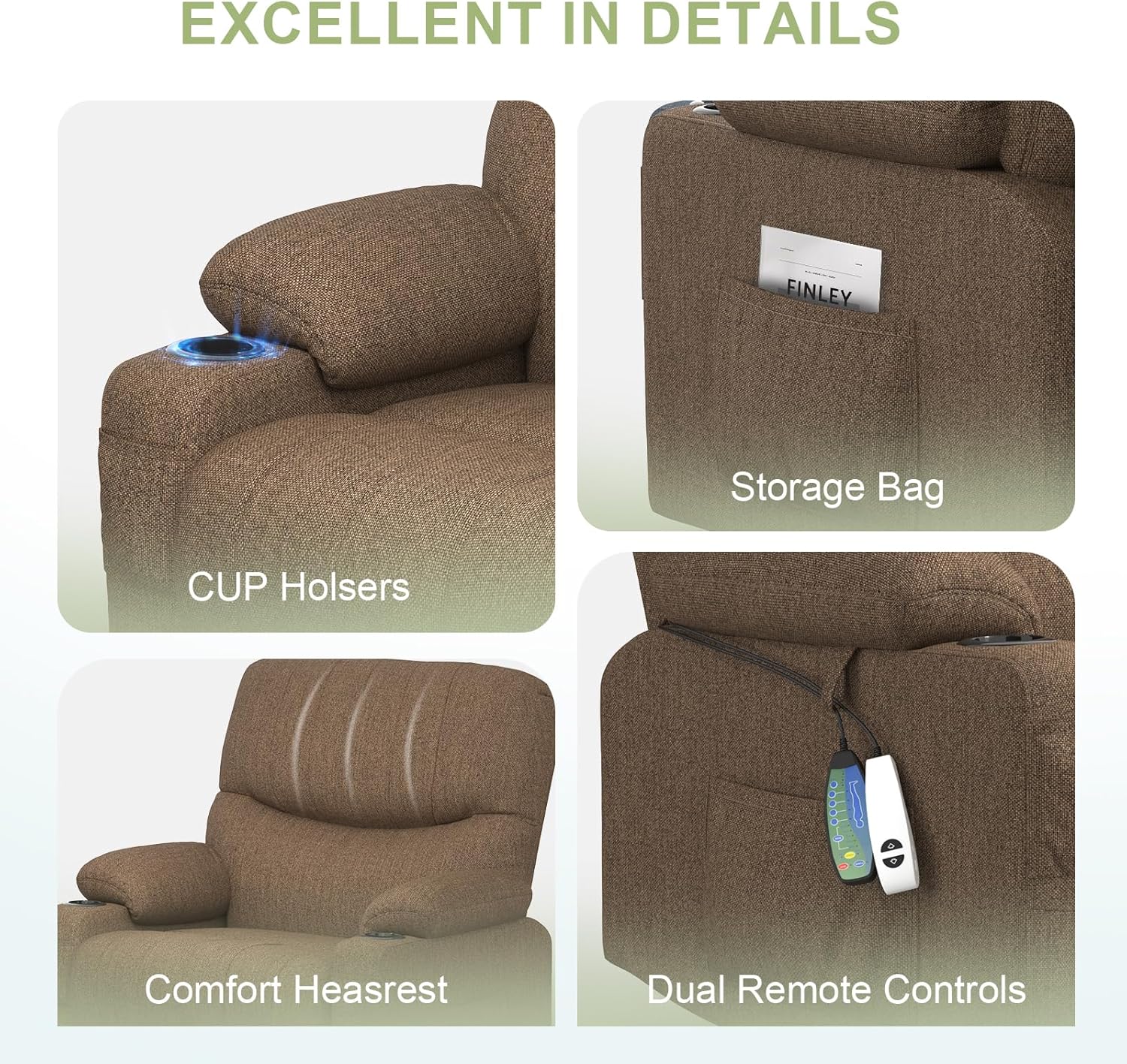 TV armchair, relaxation armchair, massage armchair, heating function, stand up assist, lie down function, electrically adjustable TV armchair, living room with USB&Type-C & cup holder and bag