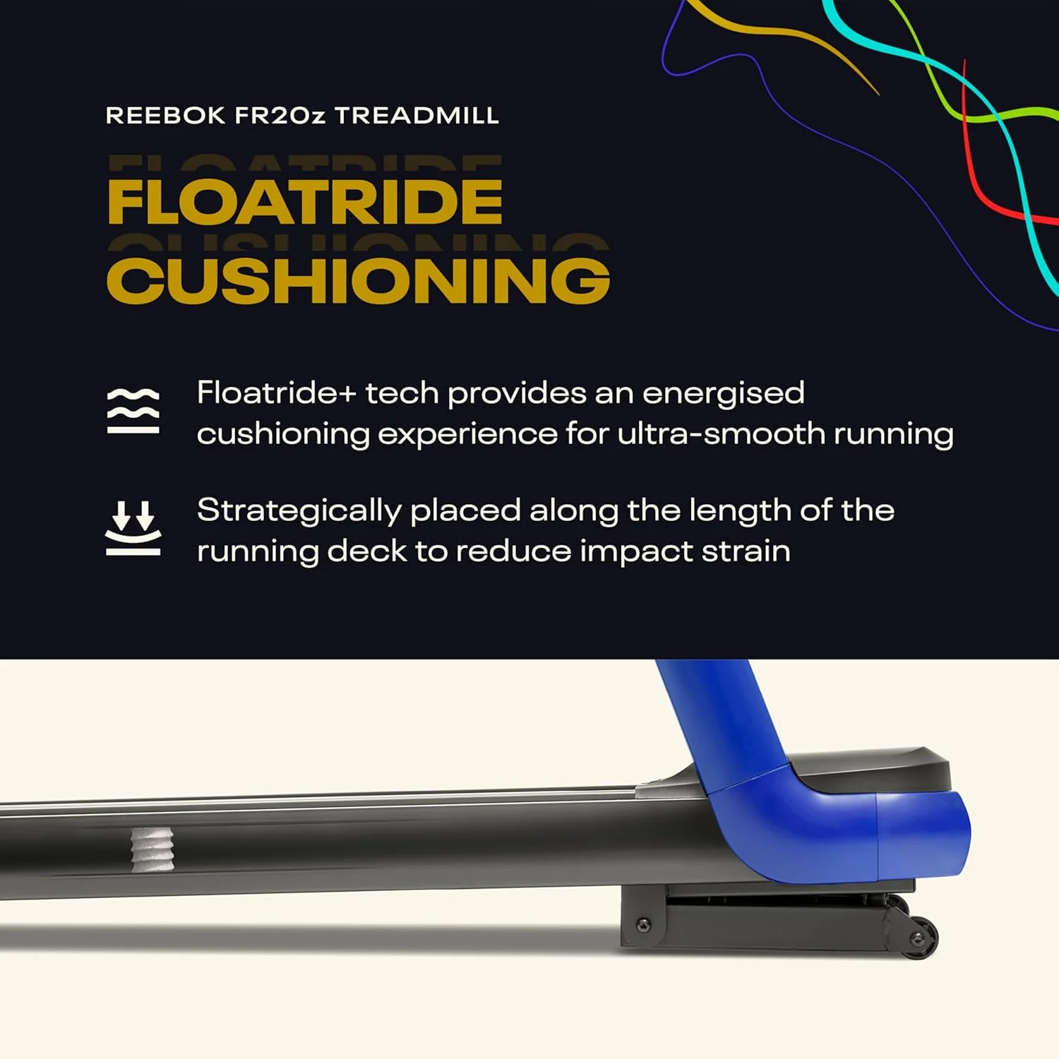 Reebok FR20z Floatride Treadmill - Blue with Incline, Bluetooth, Walking or Running, 2.25 HP, 11.2 MPH, 264 lb. Capacity, Kinomap Compatible