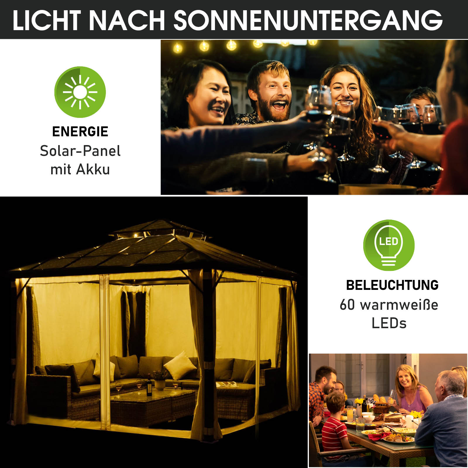 BRAST Alu Pavillon PAGODE 3,5x3,5m beige mit Moskitonetz & LED-Beleuchtung