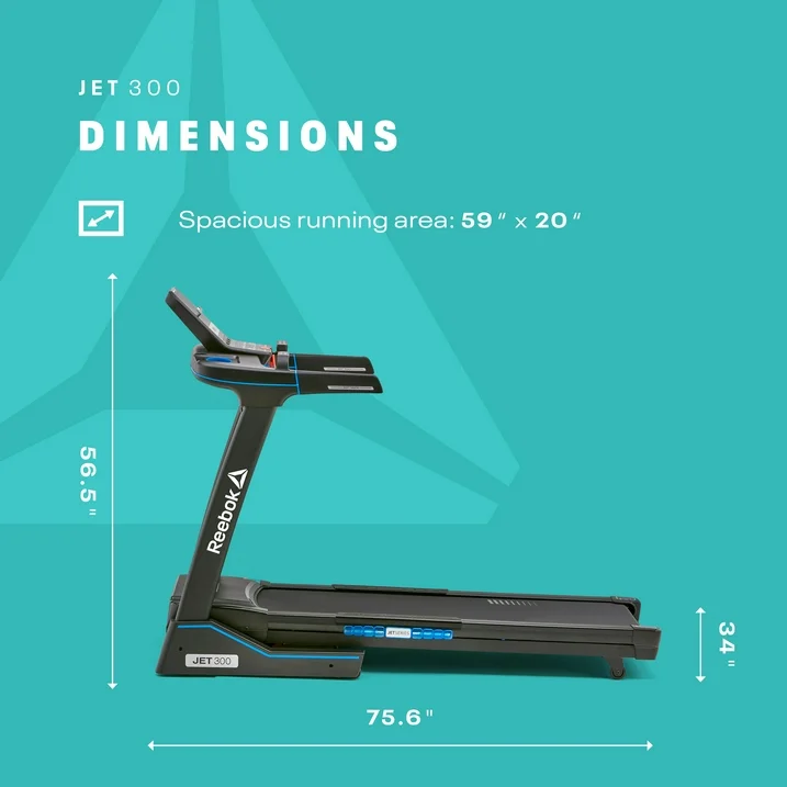 Reebok Jet 300 Series Treadmill with Incline, Foldable, Bluetooth, Walking or Running, 2.5 HP, 12.4 MPH, 308 lb. Capacity