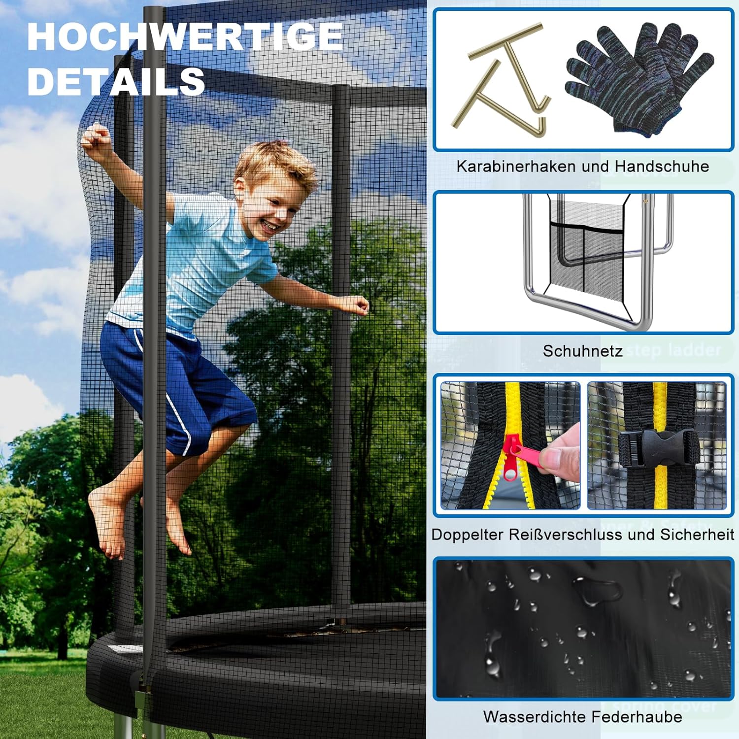 Devoko Trampolin Outdoor Ø 427 cm Indoor Trampolin Kinder Gartentrampoline, Komplettset mit Schuhnetz, Leiter, Randabdeckung, Sicherheitsnetz, Belastbarkeit 150 kg