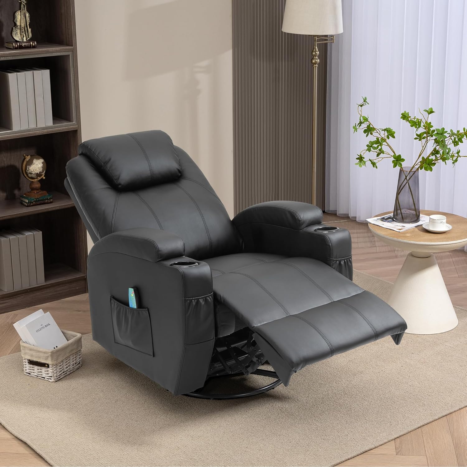 TV armchair, relaxation armchair, massage armchair, heating and vibration, remote control 360° rotation lever, black