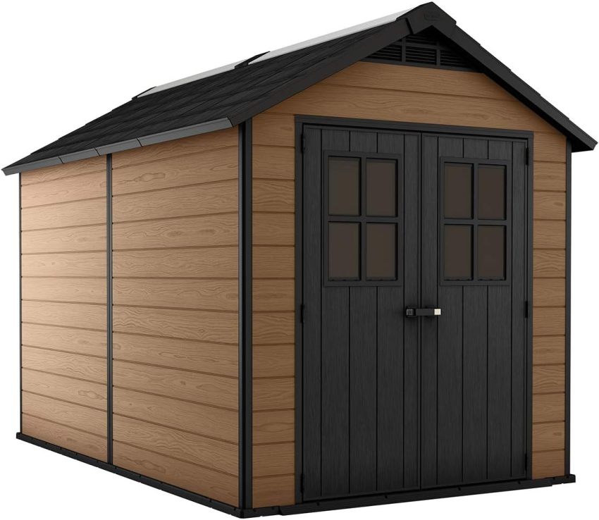 Keter Newton 7.5x11 Large Resin Outdoor Storage Shed Kit – Perfect to Store Patio Furniture, Garden Tools, Bike Accessories, and Lawn Mower, Mahogany Brown