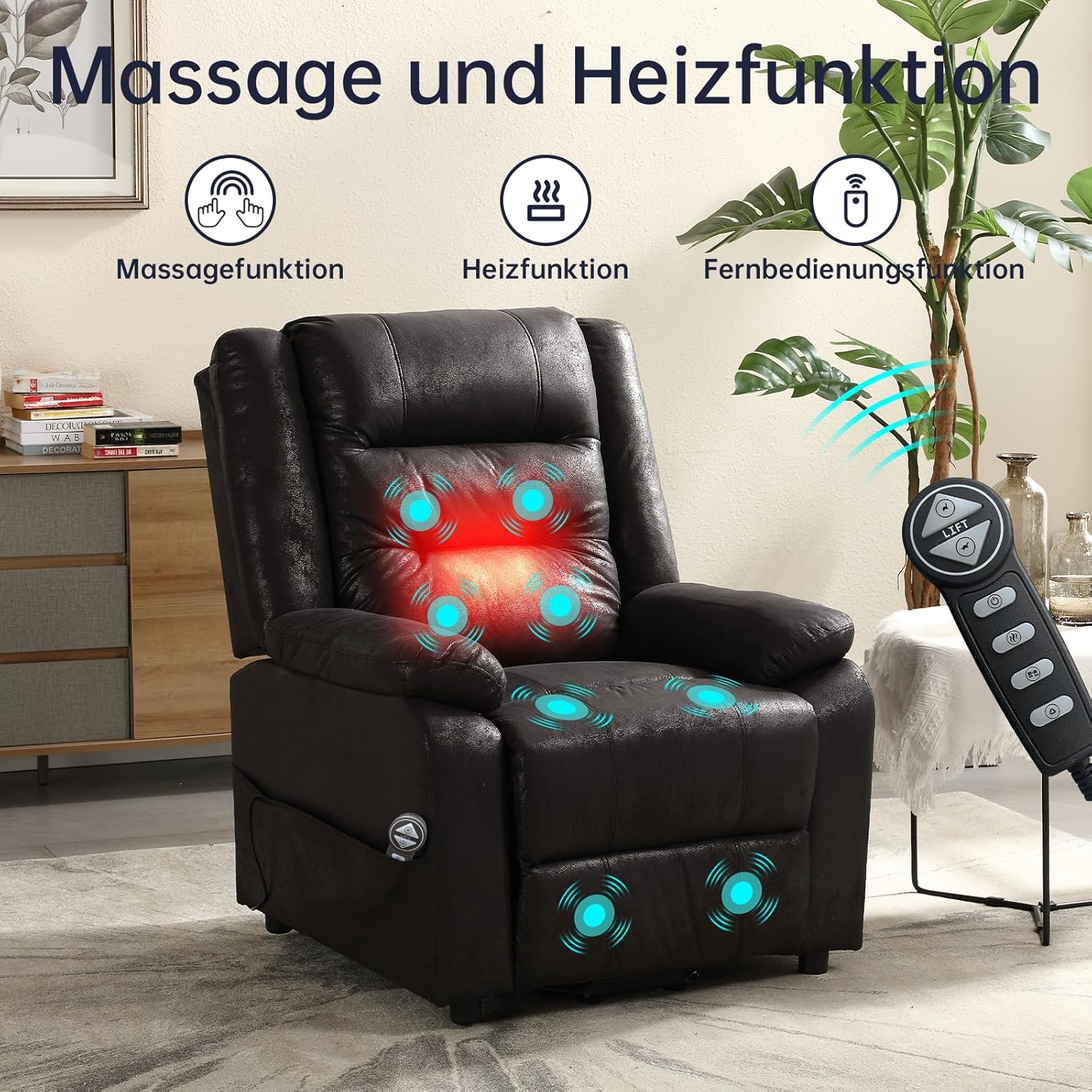 Electric TV chair with standing assistance, massage chair with heating function, adjustable remote control with lying function, sleep function and feet, weighing 220 kilograms, black suede