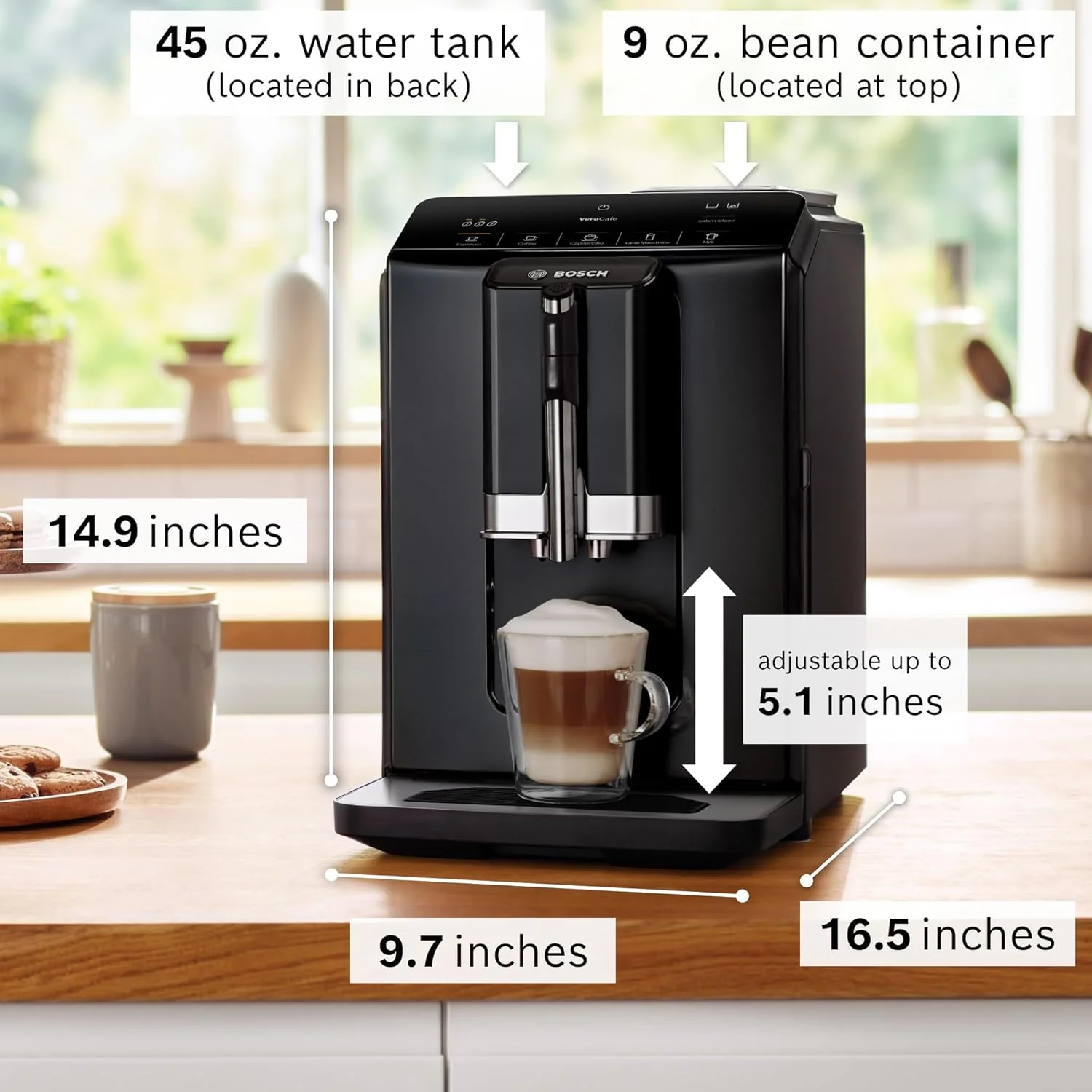 Bosch 300 Series Fully Automatic Espresso and Coffee Machine – In-Cup Frother, OneTouch Milk Drinks, 5 Drink Options, Ceramic Grinder, Easy Clean & Descale, in Black TIU20109