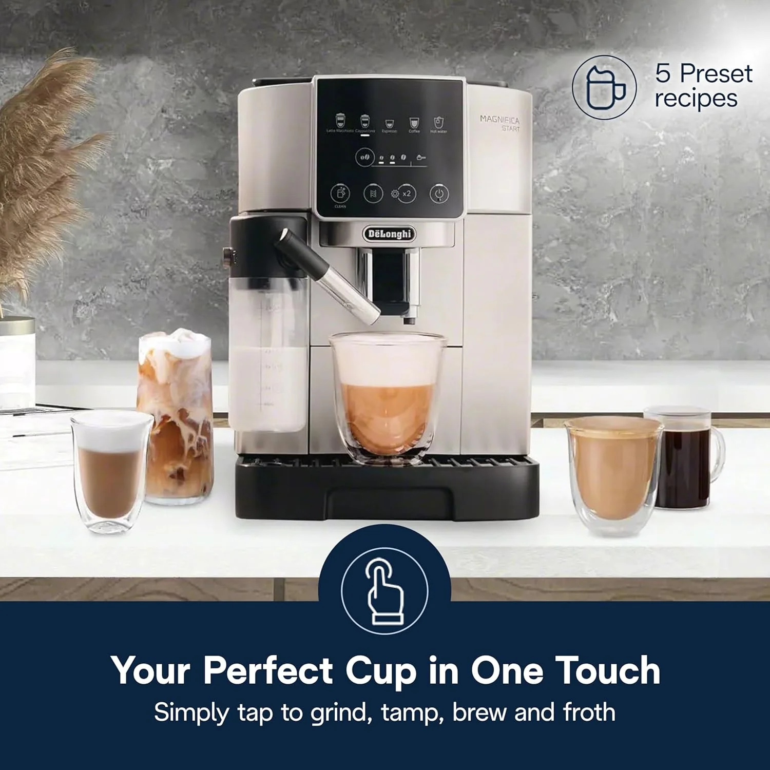 De'Longhi Magnifica Start Automatic Espresso Machine with Auto Milk Frother & Built in Grinder - 5 One-Touch Recipes, Easy-to-Clean, Home Barista Coffee Maker for Lattes, Cappuccino, Iced Coffee