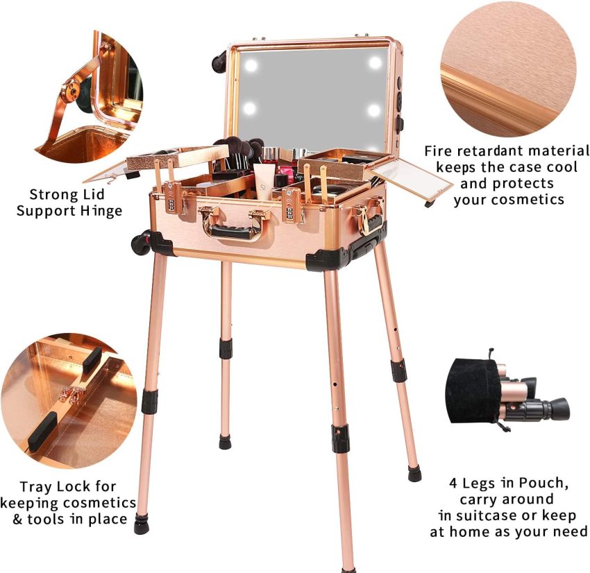 Medium Makeup Train Case with Code Lock, Lighted Mirror