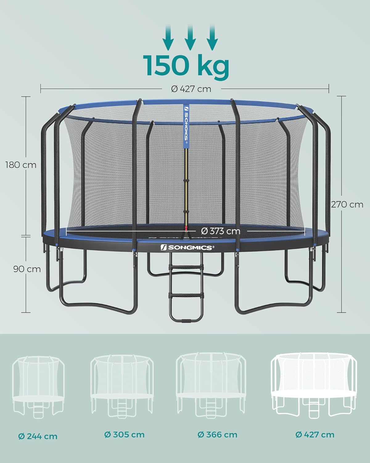SONGMICS Outdoor Trampoline Ø 427 cm, Round Garden Trampoline with Safety Net and Ladder, Edge Cover, Padded Frame, for Children
