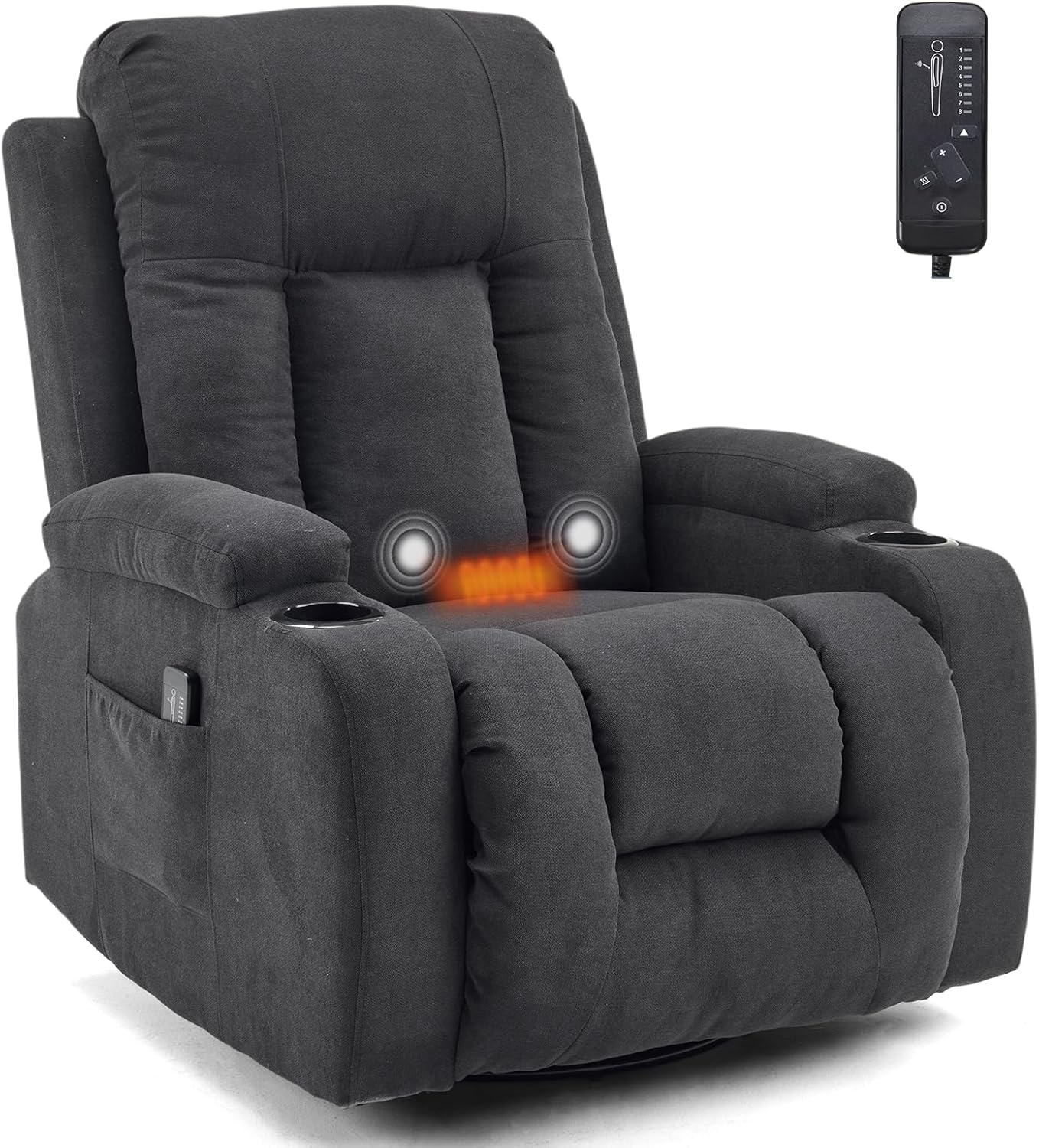TV armchair 360° rotating relaxation chair, electric massage lounge chair, massage, heating, 2 side pockets and drink rack, TV armchair lounge chair position