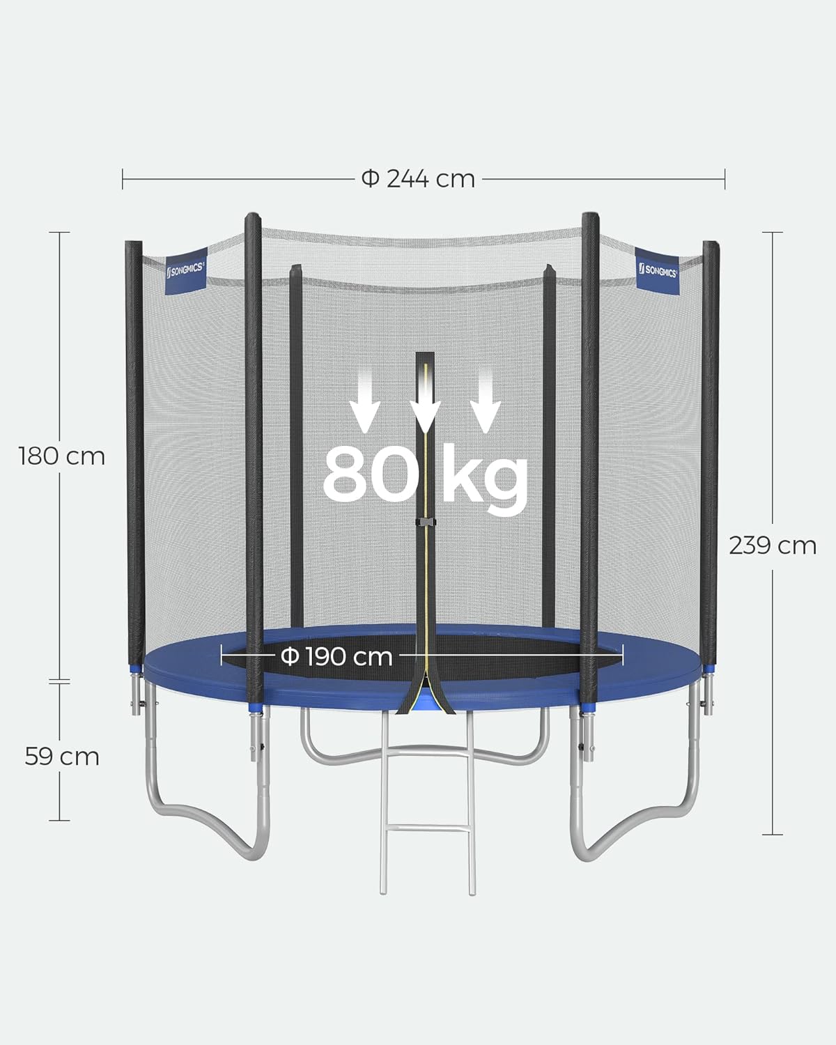 SONGMICS Outdoor Trampoline Ø 244cm, Round Garden Trampoline with Safety Net, Ladder and Padded Poles