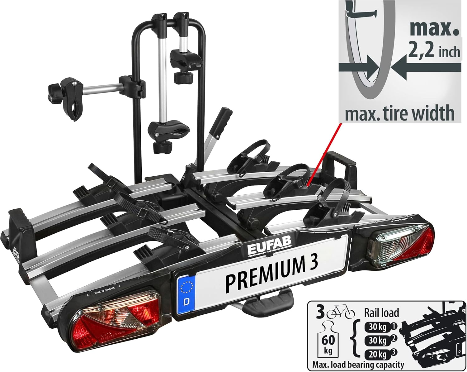 EUFAB 11522 Premium 3 Bicycle Carrier for Towing Hitch, Foldable, for 3 Bicycles
