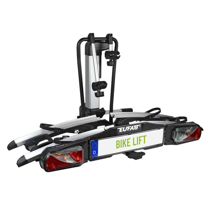 EUFAB 11535 Bicycle Carrier Bike Lift, Suitable for E-Bikes, Fully Pre-Assembled, Electric Lowering, Theft Protection, for 2 Bicycles, for Trailer Coupling, 135 x 74 x 74 cm