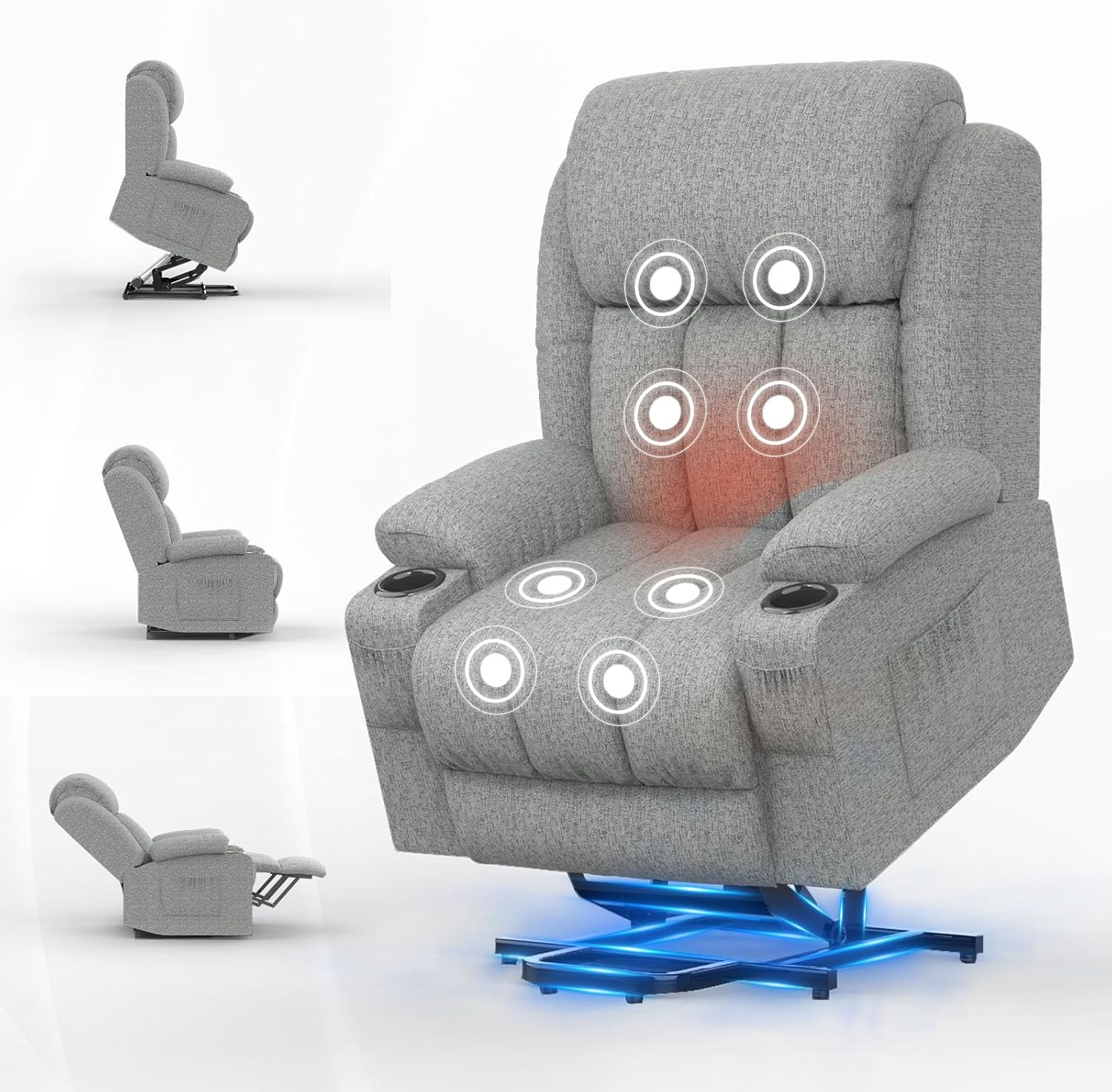 The TV armchair is electrically adjustable, featuring a standing-assisted massage armchair with massage heating function. It is an elderly armchair with 2 side pockets and a beverage rack, and is connected via USB+ c type