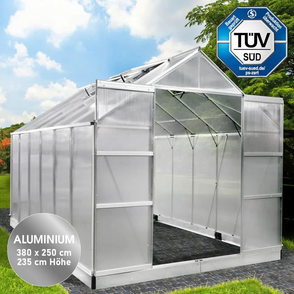 BRAST Aluminium Greenhouse with Base,380 x 250 x 235 cm, TÜV Tested, 6 mm Hollow Chamber Panels, Rustproof/Weatherproof/Temperature-Resistant