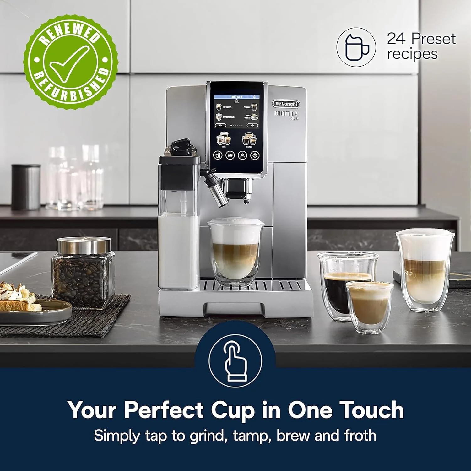 De'Longhi Dinamica Plus Espresso Machine (Renewed) with Automatic Frother, 24 Recipes, ECAM38085SB