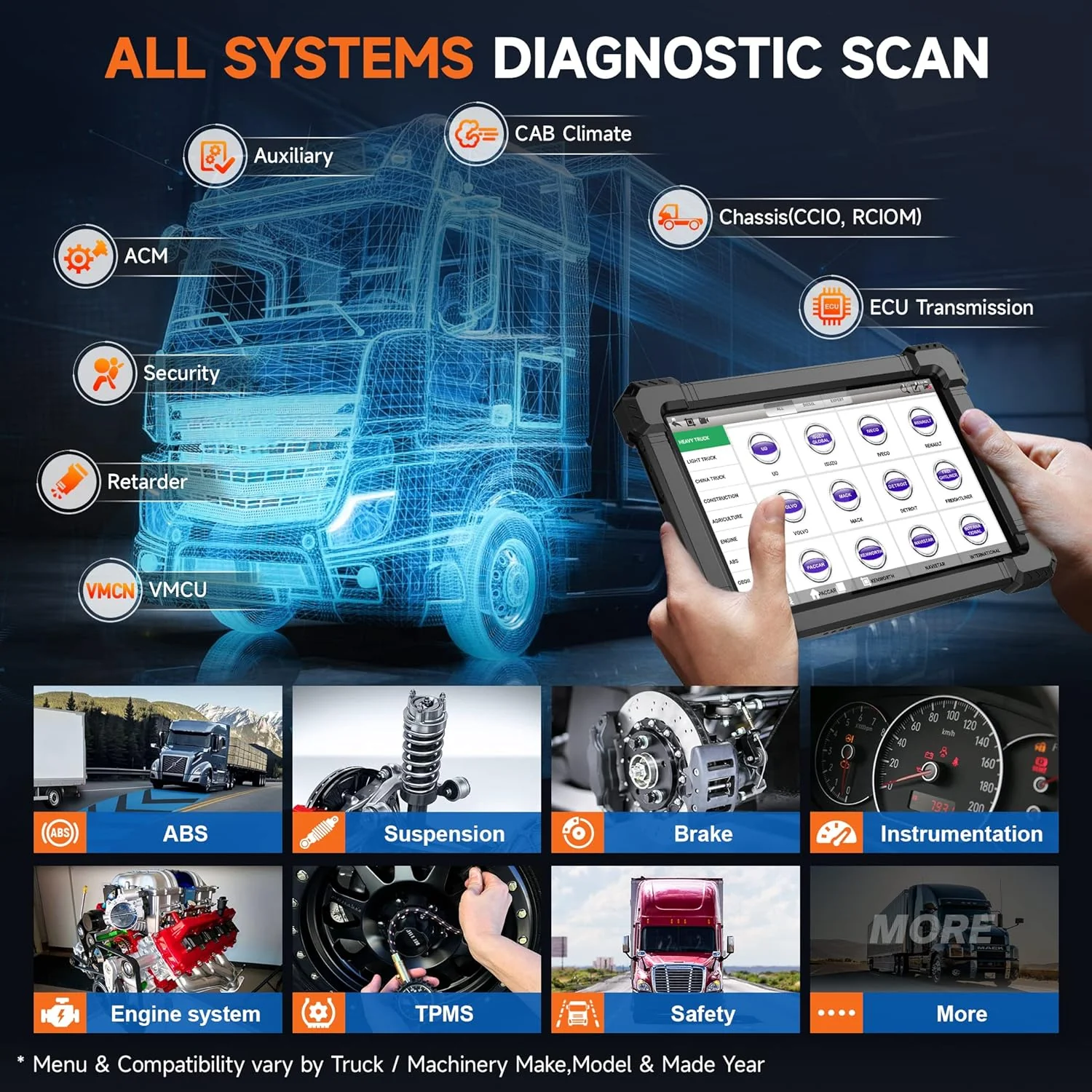 ANCEL X7HD 10'' Heavy Duty Truck Scanner, Semi Trucks Full System Diagnostic Tool, Bidirectional Diesel Scan Tool with DPF, ECU Coding, 40+ Reset for Cummins, Detroit, Caterpillar, Volvo, Paccar etc