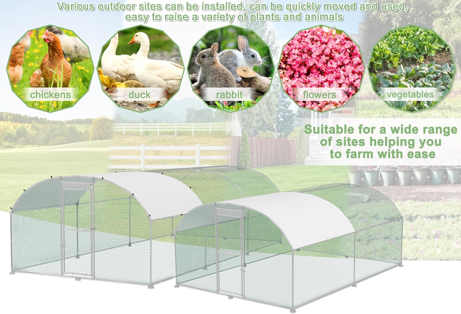 Hühnerstall 3x8m Metall Freilaufgehege Freigehege, Geflügelstall Kleintiere, Verzinkter Stahlrahmen mit PE Dach, Bogenaufsatz