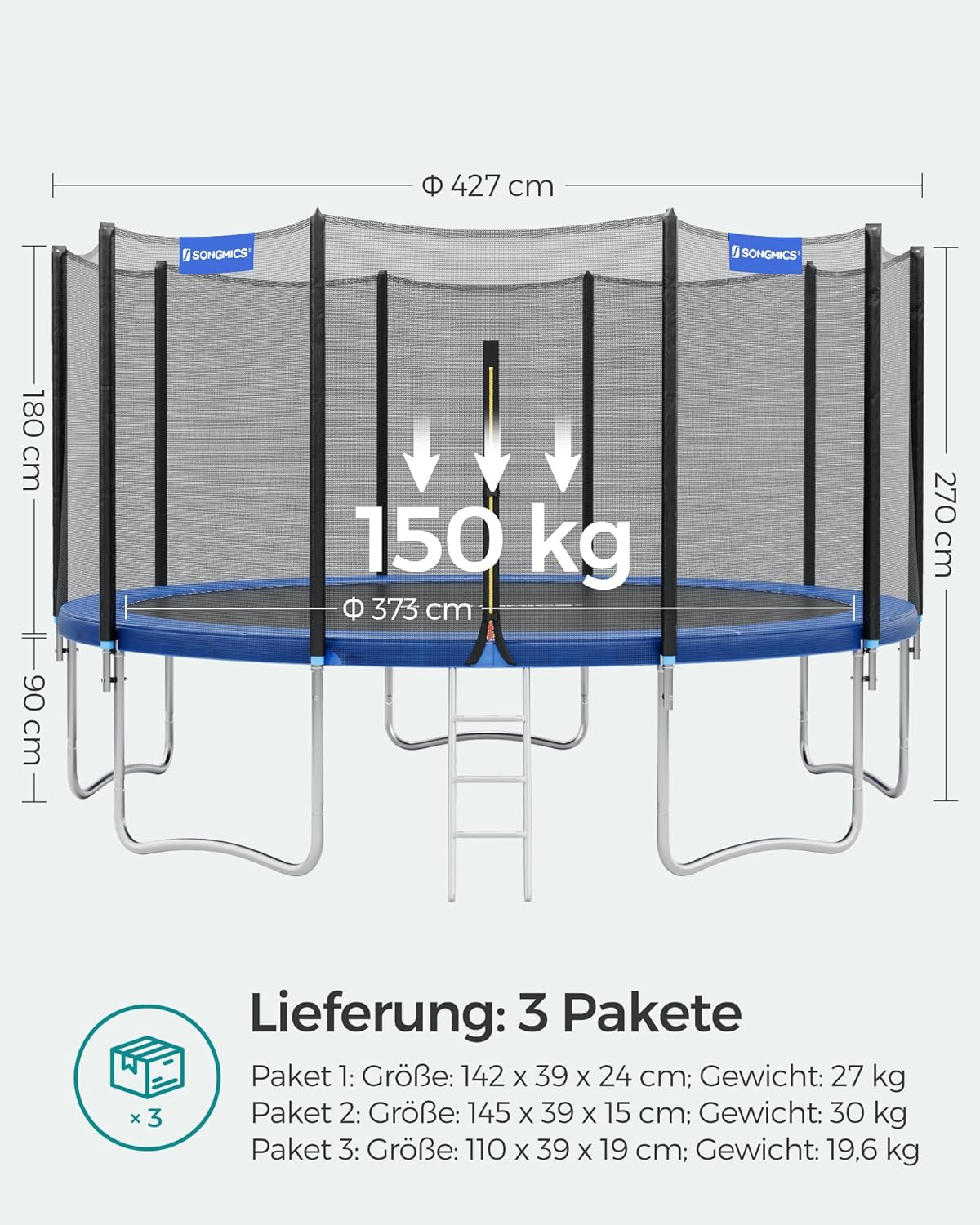 SONGMICS Trampolin Outdoor Ø 427 cm, rundes Gartentrampolin mit Randabdeckung, mit Sicherheitsnetz, mit Leiter und gepolsterten Stangen