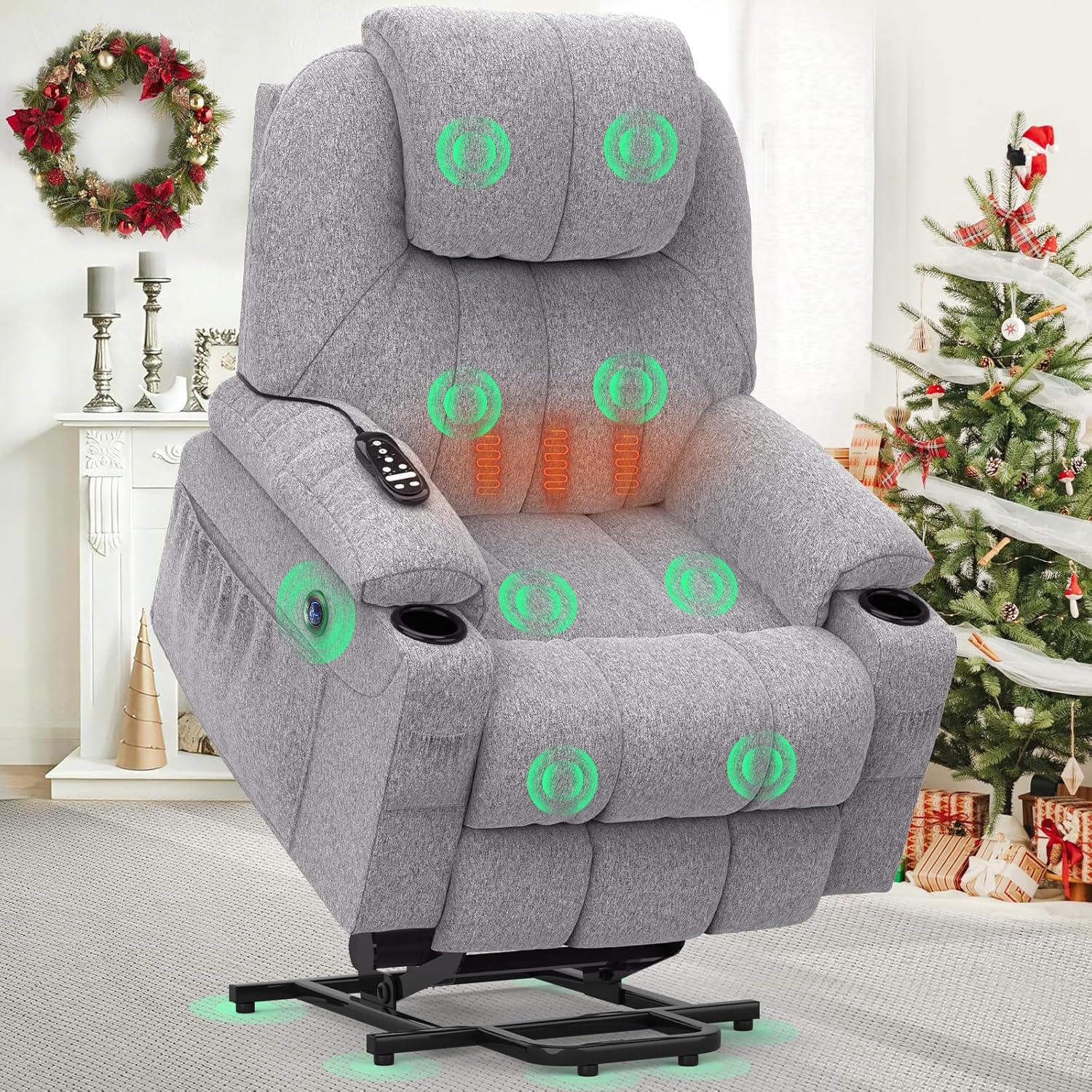 TV armchair is electrically adjustable, an auxiliary massage chair with massage heating function, a high-end armchair, a relaxation chair with feet, 2 side pockets and a drink rack, a USB interface, and is gray