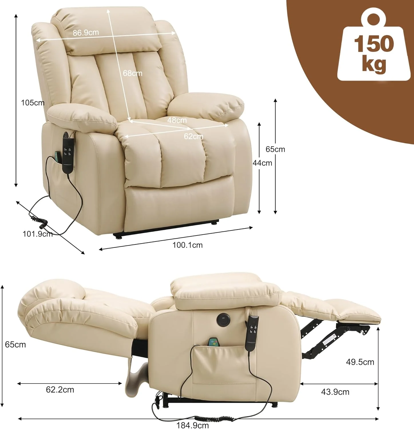 2-motor 180° electric relaxation chair, sleep chair, massage chair, vibration and heating (beige)