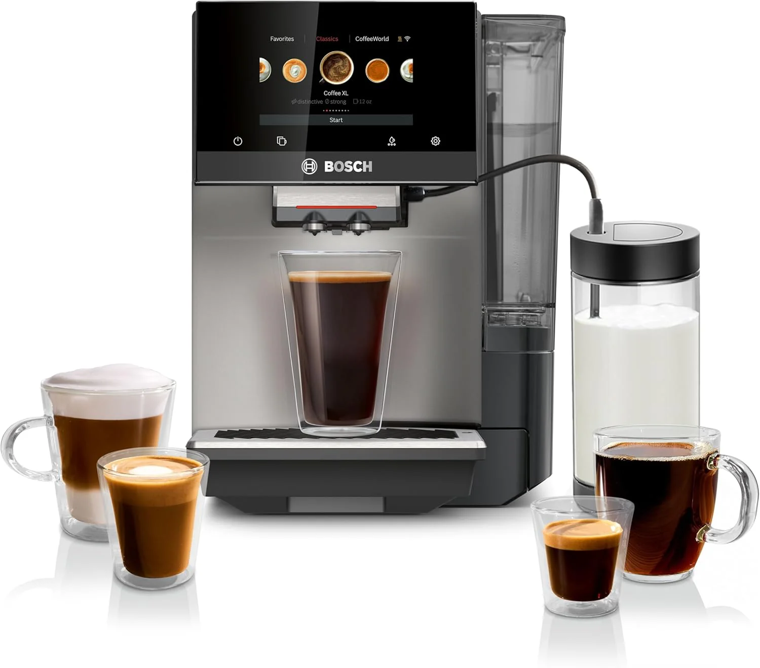 Bosch 800 Series Fully Automatic Espresso and Coffee Machine – 35 Drinks, Cold Brew, Double Cup, Milk Hose, Ceramic Grinder, Smart Features, in Black TPU60309