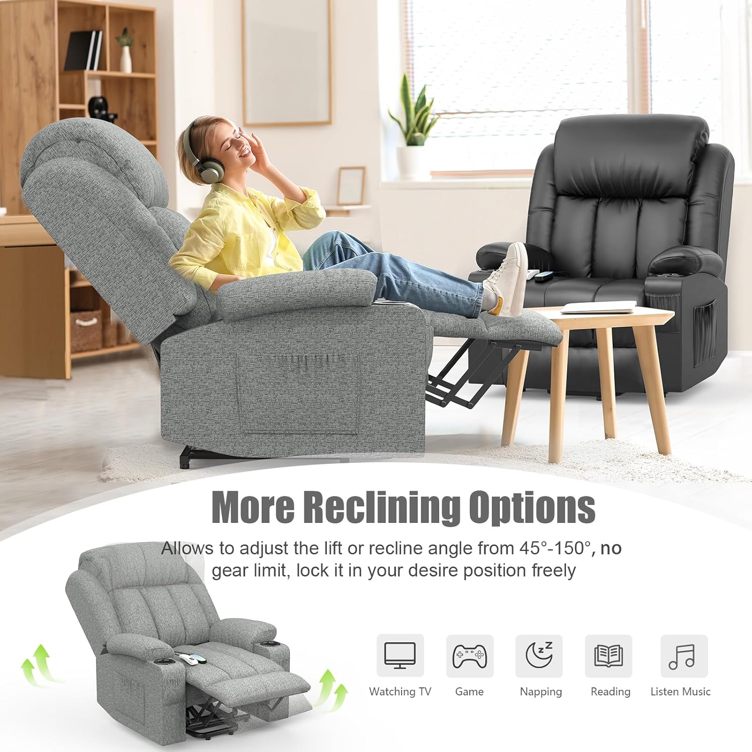 TV armchair, massage armchair, electric relaxation armchair with lounge chair function, stand up assist, massage heating, foot section, beverage rack, 4-side pocket, C-shaped and USB interface TV armchair lounge