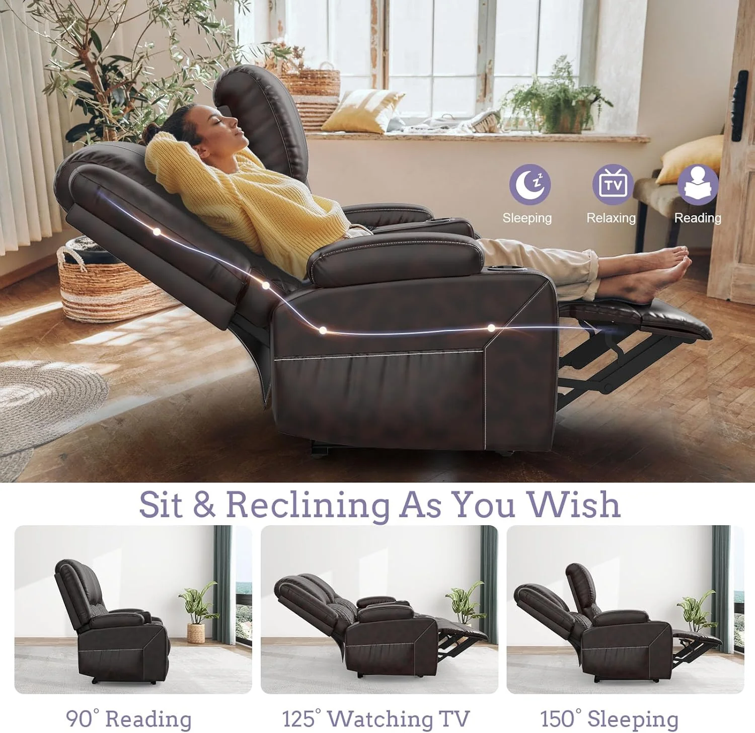 The two-seater sofa is adjustable. It features a semi-automatic relaxation function, a relaxation chair cover, an internal tray stand on the control console, dual USB ports, and side pockets
