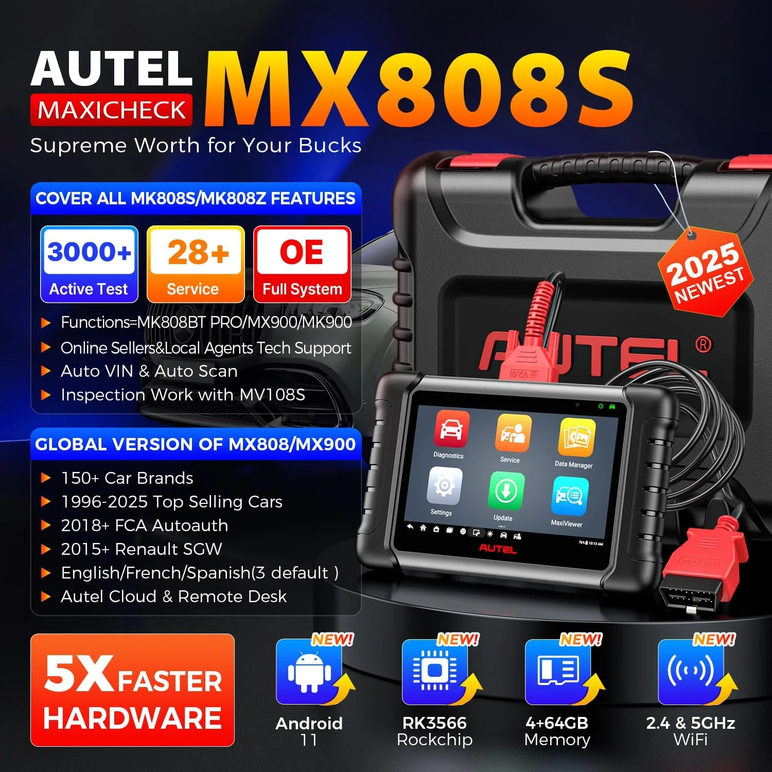 Autel Scanner MaxiCheck MX808S, 2025 US Ver of MaxiCOM MK808S MK808Z, Full Bidirectional Diagnostic Scan Tool as MK900 MX900 MK900BT MK808BT PRO, 3K+ Active Test, 28+ Service, OE All System, OS11, FCA