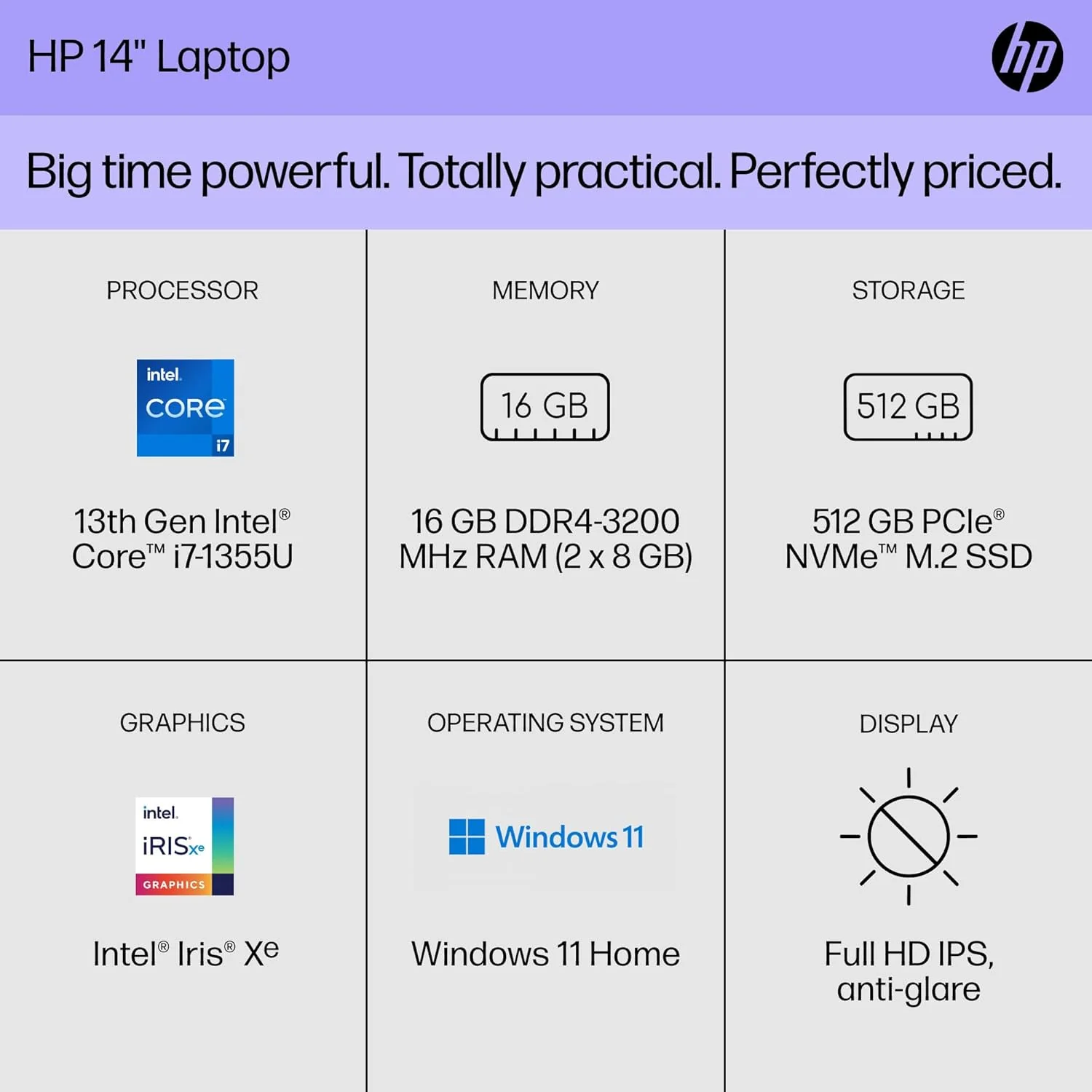 HP 14 inch Laptop, FHD Display, 13th Generation Intel Core i7-1355U, 16 GB RAM, 512 GB SSD, Intel Iris Xe Graphics, Windows 11 Home, 14-ep0199nr (2024)