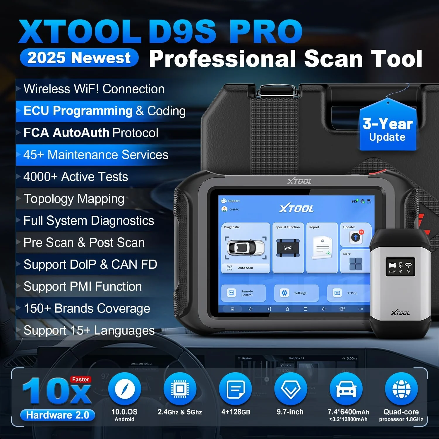 XTOOL D9S Pro Automotive Diagnostic Tool: Wireless Bidirectional OBD2 Scanner with ECU Pr0gramming/C0ding, High-End Scan Tool with Topology, 45+ Resets, Full System, PMI, FCA/CAN FD/DoIP, 3-Yr Update